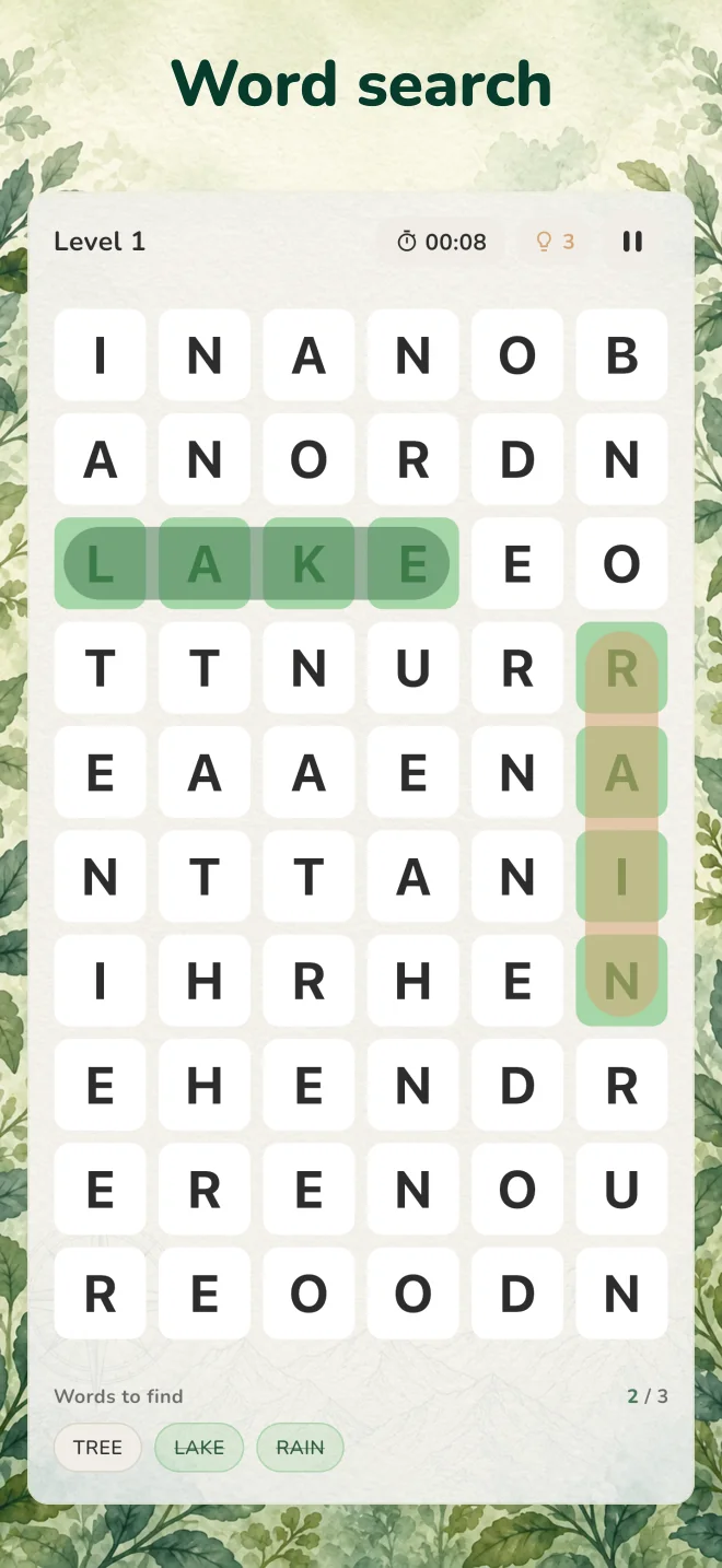 MoMethe screenshot: a word-search grid with the words LAKE and RAIN found.