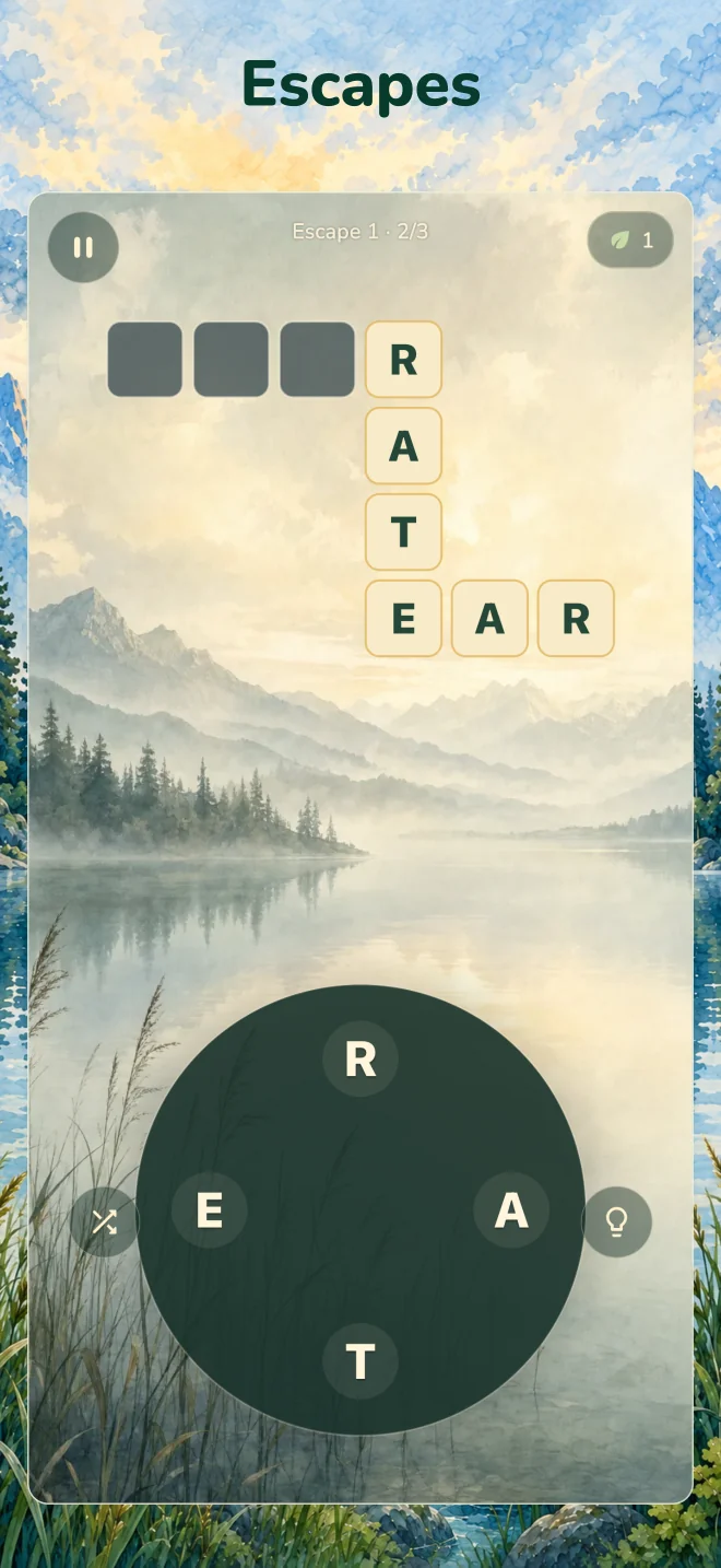 MoMethe screenshot: a letter wheel and crossword grid against a mountain landscape.