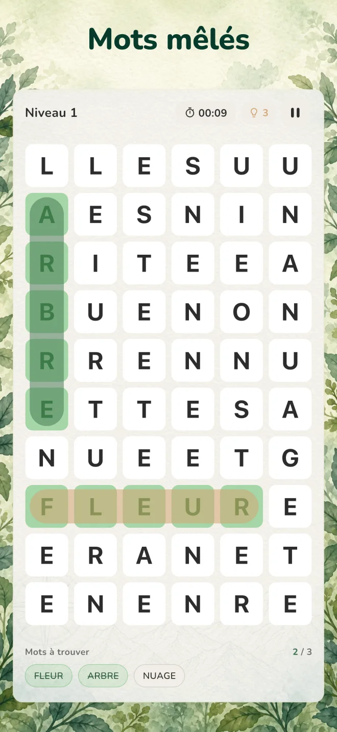 Capture de MoMethe : grille de mots mêlés avec les mots FLEUR et ARBRE trouvés.