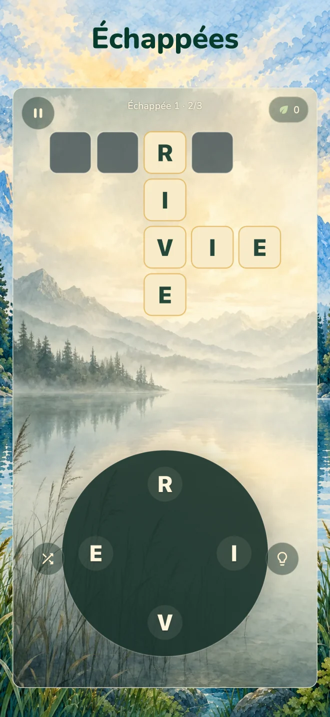 Capture de MoMethe : roue de lettres et grille croisée devant un paysage de montagne.
